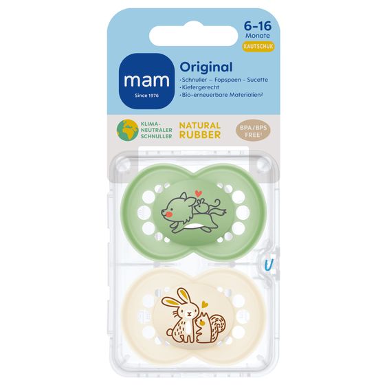 MAM Schnuller 2er Pack Original - Naturkautschuk 6-16 M - Wolf & Hase
