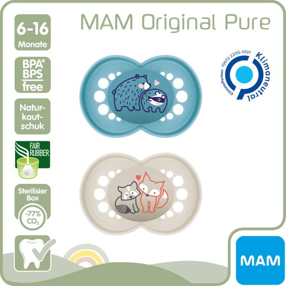 MAM Schnuller 2er Pack Original Pure - Naturkautschuk 6-16 M - Bär & Fuchs
