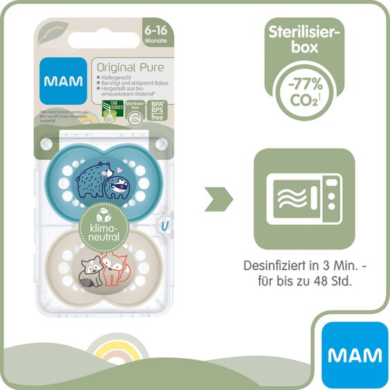 MAM Schnuller 2er Pack Original Pure - Naturkautschuk 6-16 M - Bär & Fuchs