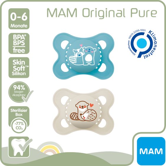 MAM Schnuller 2er Pack Original Pure - Silikon 0-6 M - Bär & Otter