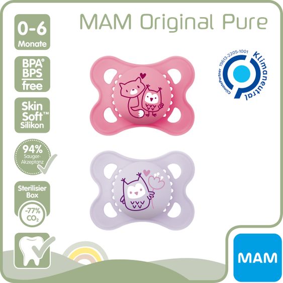 MAM Schnuller 2er Pack Original Pure - Silikon 0-6 M - Fuchs & Eule
