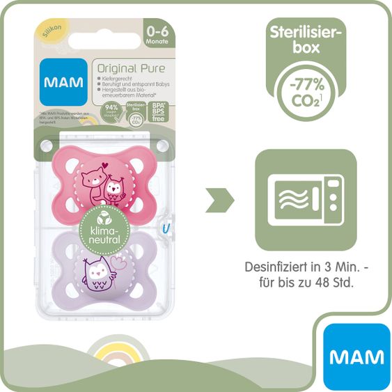 MAM Schnuller 2er Pack Original Pure - Silikon 0-6 M - Fuchs & Eule