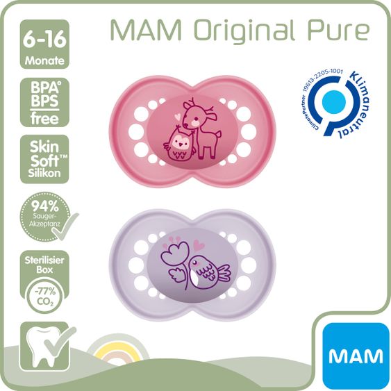 MAM Schnuller 2er Pack Original Pure - Silikon 6-16 M - Reh & Vogel