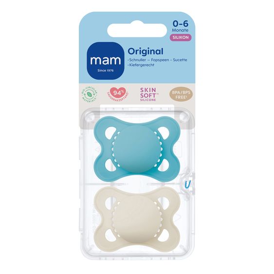 MAM Pacifier 2 Pack Original Pure - Silicone 0-6 M - Blue & Beige