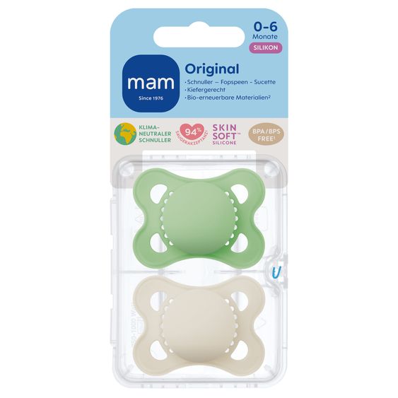 MAM Pacifier 2 Pack Original Pure - Silicone 0-6 M - Green & Beige