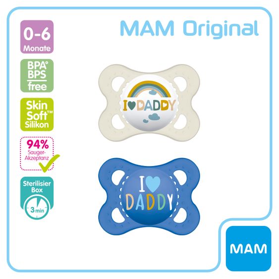 MAM Schnuller 2er Pack Original - Silikon 0-6 M - I Love Daddy - Blau