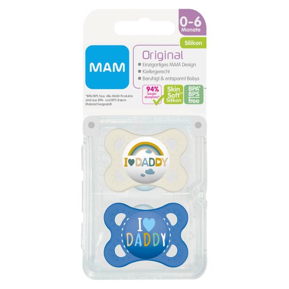 MAM Schnuller 2er Pack Original - Silikon 0-6 M - I Love Daddy - Blau