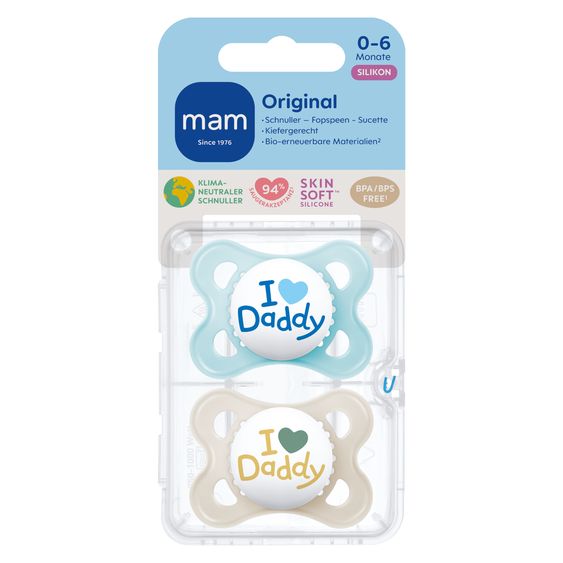 MAM Ciuccio 2 pezzi originale - Silicone 0-6 M - I Love Daddy - Blu