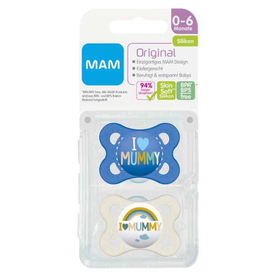 MAM Schnuller 2er Pack Original - Silikon 0-6 M - I Love Mummy - Blau