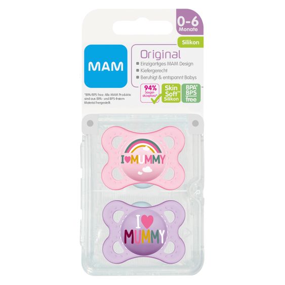 MAM Schnuller 2er Pack Original - Silikon 0-6 M - I Love Mummy - Rosa