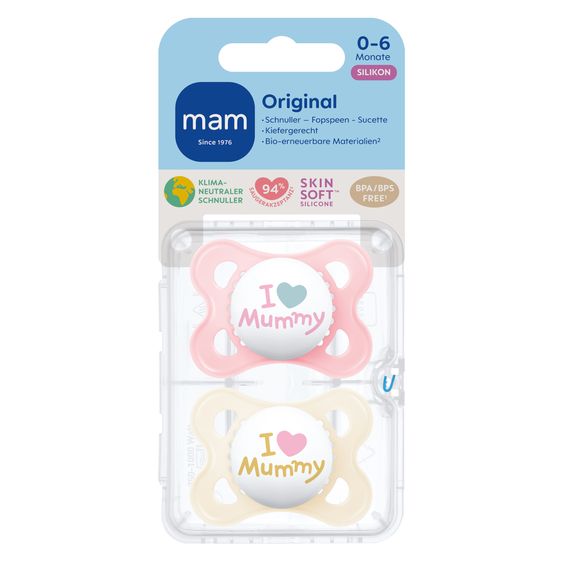 MAM Schnuller 2er Pack Original - Silikon 0-6 M - I Love Mummy - Rosa