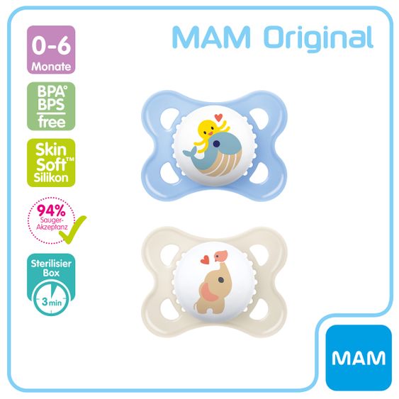 MAM Schnuller 2er Pack Original - Silikon 0-6 M - Wal & Elefant