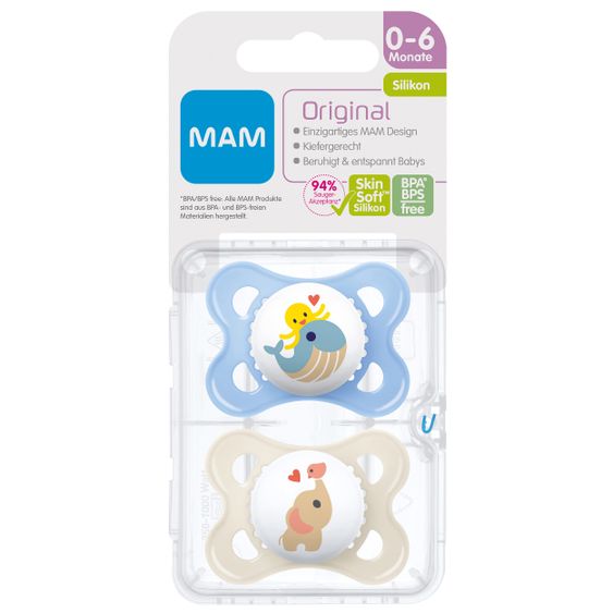 MAM Schnuller 2er Pack Original - Silikon 0-6 M - Wal & Elefant