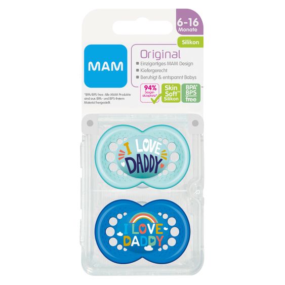 MAM Schnuller 2er Pack Original - Silikon 6-16 M - I Love Daddy - Blau