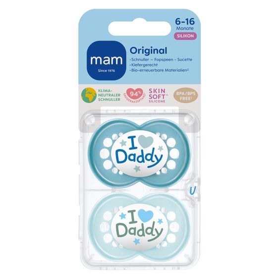 MAM Ciuccio 2 pezzi originale - Silicone 6-16 M - I Love Daddy - Blu