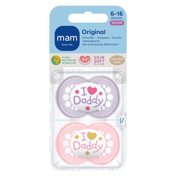 MAM Ciuccio 2 pezzi originale - Silicone 6-16 M - I Love Daddy - Rosa