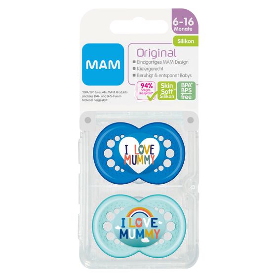 MAM Schnuller 2er Pack Original - Silikon 6-16 M - I Love Mummy - Blau