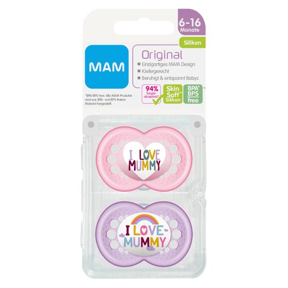 MAM Schnuller 2er Pack Original - Silikon 6-16 M - I Love Mummy - Rosa