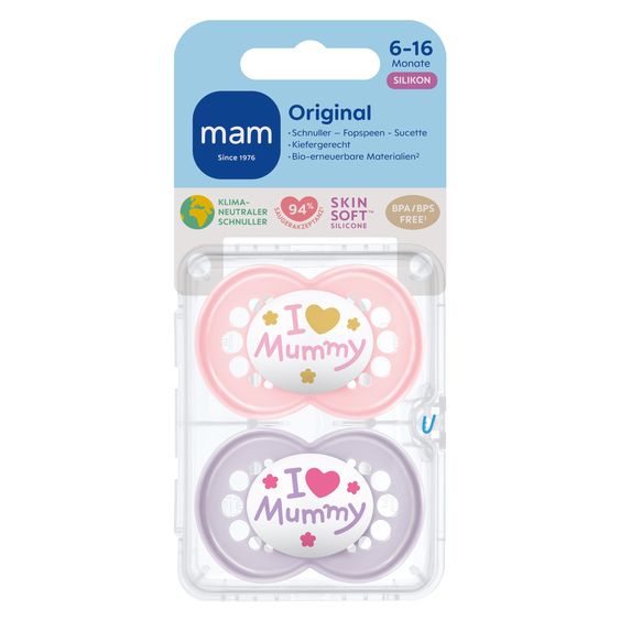 MAM Ciuccio 2 pezzi originale - Silicone 6-16 M - I Love Mummy - Rosa