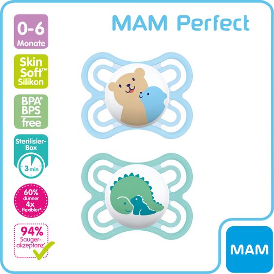 MAM Schnuller 2er Pack Perfect - Silikon 0-6 M - Bär & Dino