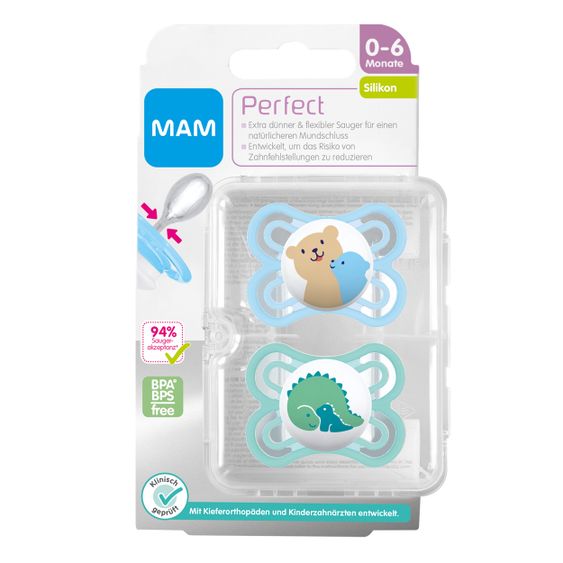 MAM Schnuller 2er Pack Perfect - Silikon 0-6 M - Bär & Dino