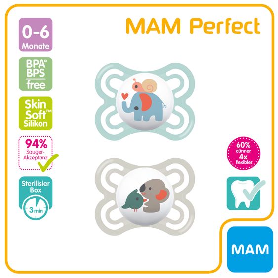 MAM Schnuller 2er Pack Perfect - Silikon 0-6 M - Elefant & Koala