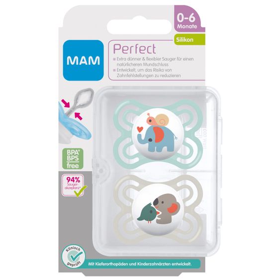 MAM Schnuller 2er Pack Perfect - Silikon 0-6 M - Elefant & Koala