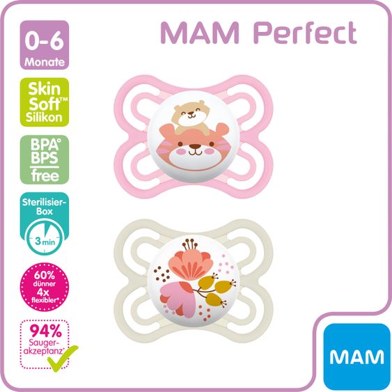 MAM Schnuller 2er Pack Perfect - Silikon 0-6 M - Tiger & Blume