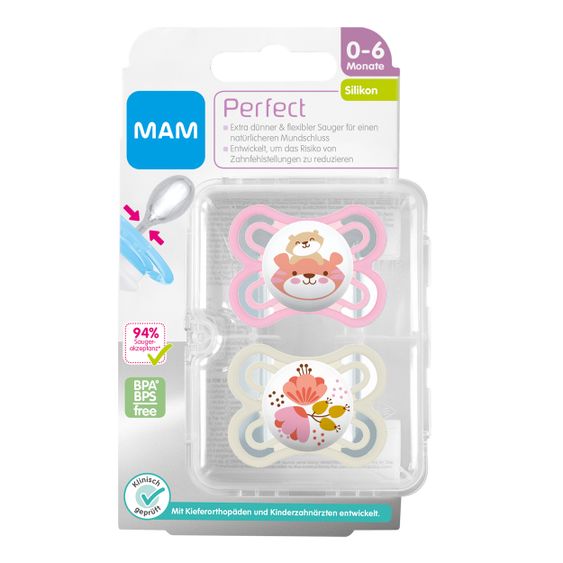 MAM Schnuller 2er Pack Perfect - Silikon 0-6 M - Tiger & Blume