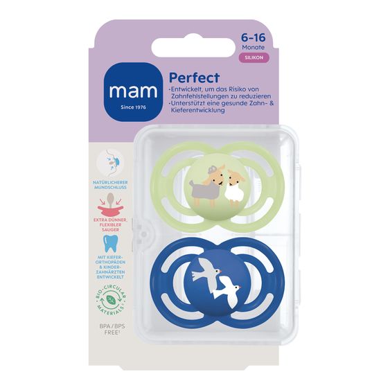MAM Pacifier 2-Pack Perfect - Silicone - Blue - Size: 6-16 M