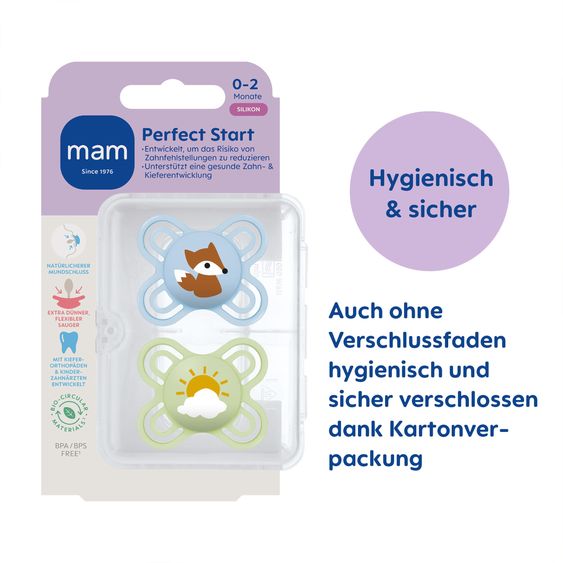 MAM Pacifier 2-Pack Perfect Start - Silicone - Blue - Size: 0-2 M