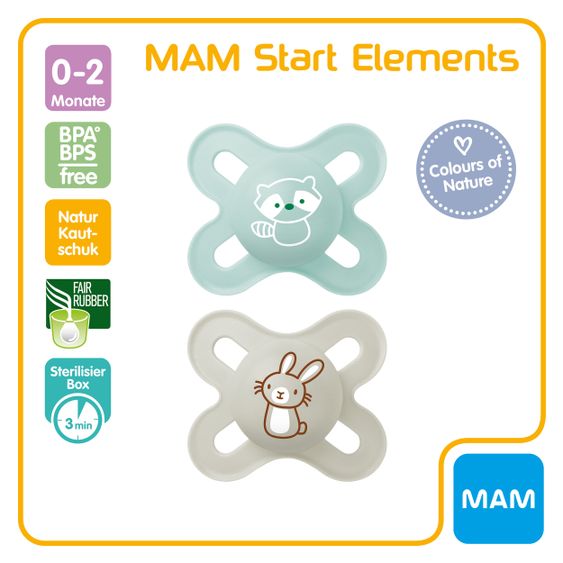 MAM Schnuller 2er Pack Start Elements - Latex 0-2 M - Waschbär und Hase