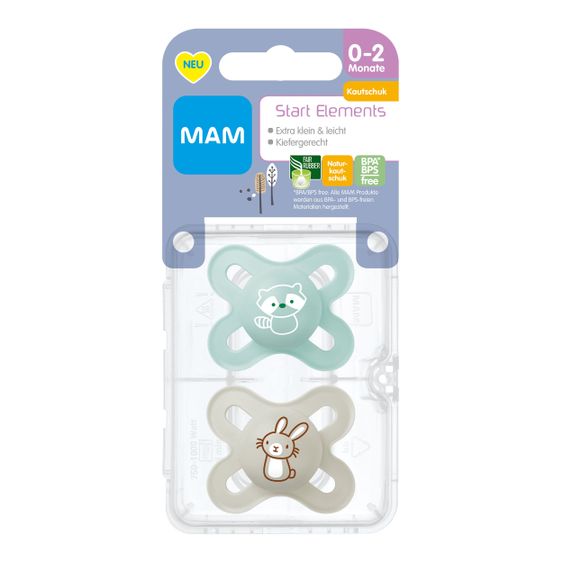 MAM Schnuller 2er Pack Start Elements - Latex 0-2 M - Waschbär und Hase