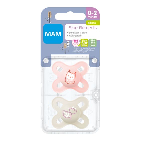 MAM Schnuller 2er Pack Start Elements - Silikon 0-2 M - Eule und Blume