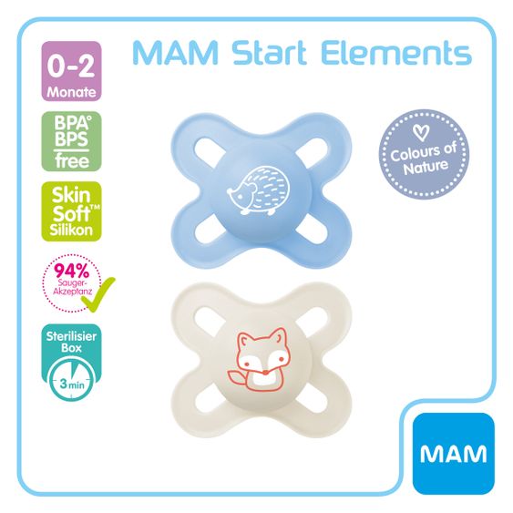 MAM Schnuller 2er Pack Start Elements - Silikon 0-2 M - Igel und Fuchs