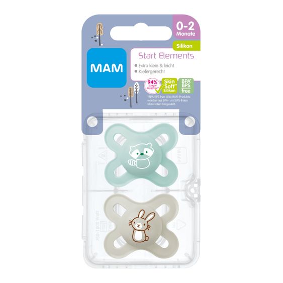 MAM Schnuller 2er Pack Start Elements - Silikon 0-2 M - Waschbär und Hase