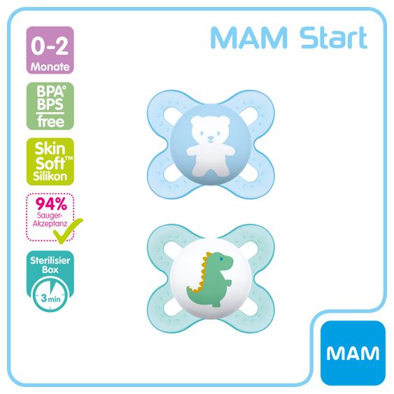 MAM Schnuller 2er Pack Start - Silikon 0-2 M - Bär & Dino