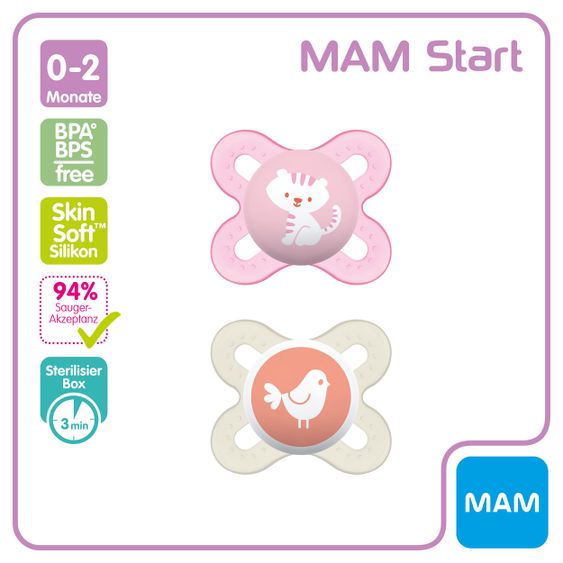 MAM Schnuller 2er Pack Start - Silikon 0-2 M - Tiger & Vogel