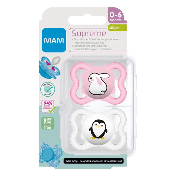 MAM Schnuller 2er Pack Supreme - Silikon 0-6 M - Hase & Pinguin