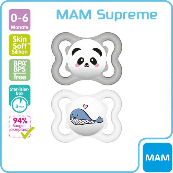 MAM Schnuller 2er Pack Supreme - Silikon 0-6 M - Panda & Wal