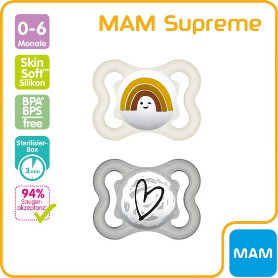 MAM Schnuller 2er Pack Supreme - Silikon 0-6 M - Regenbogen & Herz