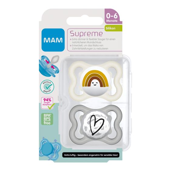 MAM Schnuller 2er Pack Supreme - Silikon 0-6 M - Regenbogen & Herz