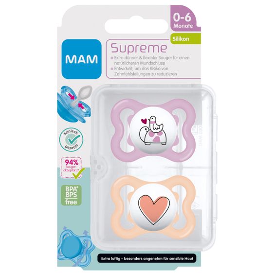 MAM Schnuller 2er Pack Supreme - Silikon 0-6 M - Schildkröte & Herz