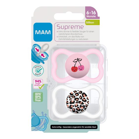 MAM Schnuller 2er Pack Supreme - Silikon 6-16 M - Kirsche & Leopard