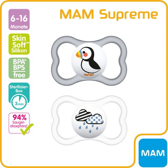 MAM Schnuller 2er Pack Supreme - Silikon 6-16 M - Papageitaucher & Wolke