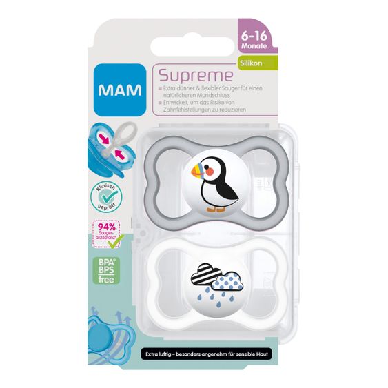 MAM Schnuller 2er Pack Supreme - Silikon 6-16 M - Papageitaucher & Wolke