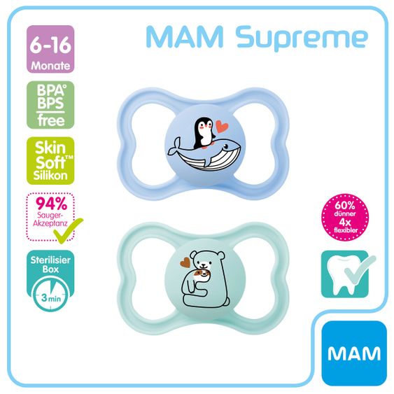 MAM Schnuller 2er Pack Supreme - Silikon 6-16 M - Wal & Bär