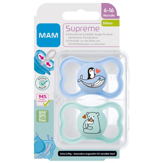 MAM Schnuller 2er Pack Supreme - Silikon 6-16 M - Wal & Bär