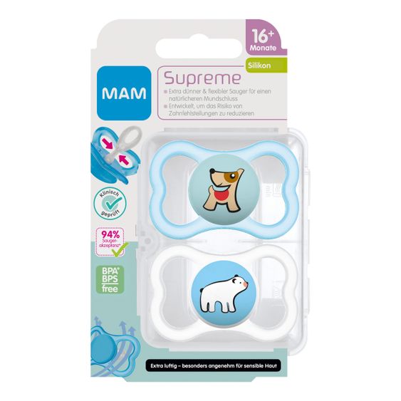 MAM Schnuller 2er Pack Supreme - Silikon ab 16 M - Hund & Eisbär