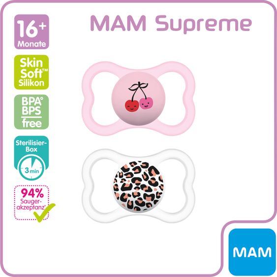 MAM Schnuller 2er Pack Supreme - Silikon ab 16 M - Kirsche & Leopard